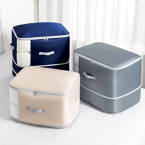 Comforter Storage Bag - Large Capacity Blanket Storage Bags 3-Layer Ultra Space Saving Self Compression Organizer, Washable Bedding Storage Comforter Blanket, 4 Pack, Beige
