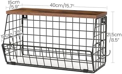 CHOEZON 2-Tier Fruit Basket for Kitchen, Stackable wire basket with Wooden Lid, Hanging Basket with 4 Banana Hanger Hooks, for Snack, Fruit, Vegetable Storage, Rustic Brown and Black TCW04P2BF