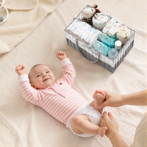 HBlife Large Baby Diaper Caddy Organizer, Paper Rope Storage Baskets Nursery Bin with Removable Divider, Portable Car Organizer for Diapers, Baby Shower Gifts, Newborn Essentials Must Haves