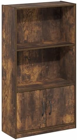 Furinno Gruen Book Shelf, 3-Tier Bookshelf, Bookcase with Open Shelf and 2 Doors Storage Cabinet, 9.3 x 21.8 x 39.5, for Organization and Storage, for Living Room, Bedroom, Home Office, Amber Pine
