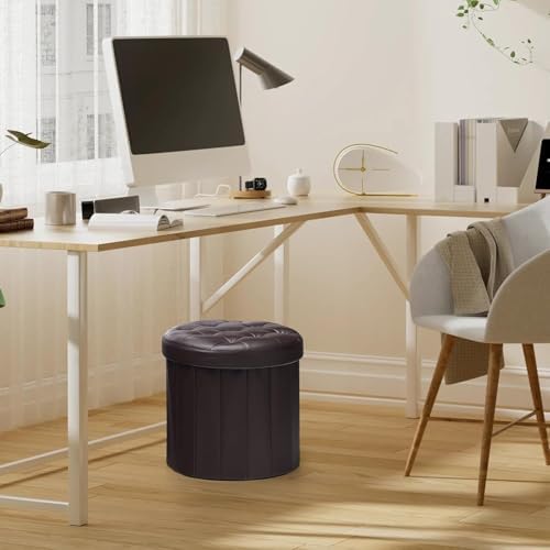 Bsketa Round Storage Ottoman, 14" Folding Leather Foot Rest, Brown 2 Pack | Round Leather Poufs with Thicker Foam Padded Seat, Living Room, Bedroom, Dorm, Entryway, Easy to install,14 x 14 x 13in