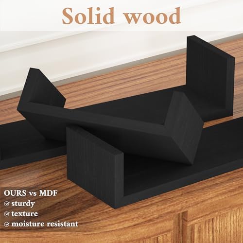 SRIWATANA Black Floating Shelves, Set of 3 Solid Wood Wall Mounted Shelves
