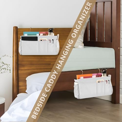White Bedside Caddy Storage Bag Bedside Organizer for Bunk Bed Headboards College Hanging Storage Organizer 6 Pockets with Hooks for Drinks Magazine Phone Holder