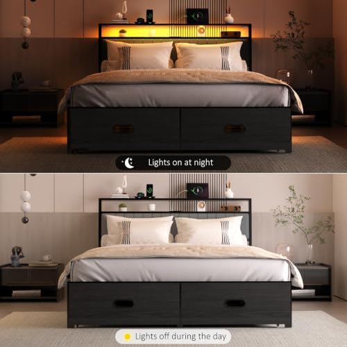 Full Bed Frame with 2 Drawers, Platform Bed Frame with LED Lights and Charging Station, Upholstered Headboard, Heavy Duty Metal Slats, No Box Spring Needed, Noise Free, Easy Assembly