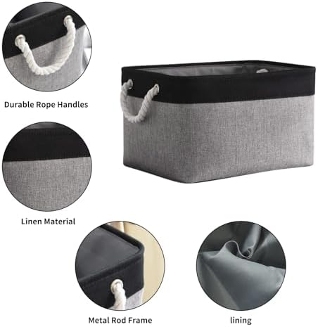 TheWarmHome Collapsible Storage Bin for Shelves - 16x12x8 inch Large 3 Pack Storage Basket for Organizing with Rope, Fabric Storage Cubes for Organizer Toy Cloth Gift Closet (Black & Grey)