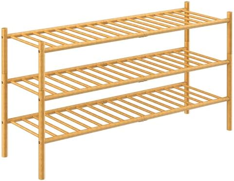 ROMGUAR CRAFT 3-Tier Bamboo Long Shoe Rack, Free Standing Wood Shoe Shelf Storage Organizer for Closet Entryway Stackable 35"x11"x20" (Natural)