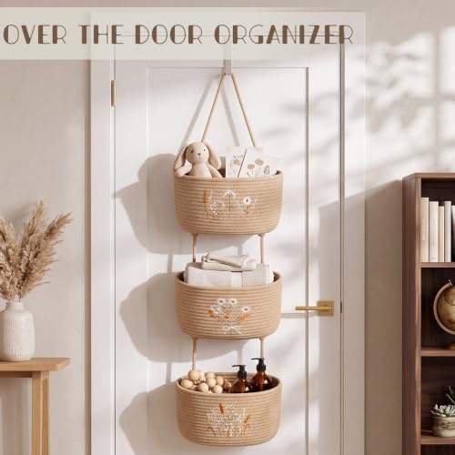 Novabright 3 Tier Over The Door Hanging Basket Organizer with Hooks | Woven Cotton Wall Mounted Storage Organizer Closet Boho Embroidery Large Wall Basket for Nursery Bedroom Bathroom Kitchen