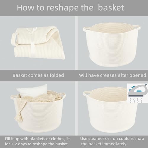 XUANGUO Extra Large Cotton Rope Round Storage Basket 22" x 14" White | Woven basket for blankets, toys, towels, laundry, nursery, living room and pet toy storage.