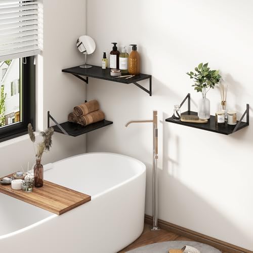 Fun Memories Black Floating Shelves 18 Inch Long, Rustic Floating Shelf with Brackets, 12 Inch Deep Wall Shelves, Black Bathroom Shelves, 18 x 12 Storage Shelf for Kitchen, Living Room, Set of 2