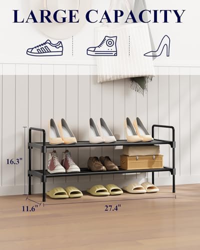 Kitsure Shoe Rack for Closet, 27.4" Wide - 2 Tiers, Black