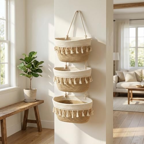 Hanging Basket, Over Door Organizer, 3 -Tier Wall Basket with Hooks (Tassel)