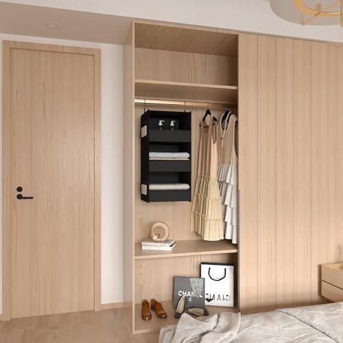 3-Shelf Hanging Closet Organizer, Washable Foldable Storage Shelves, Black | Front lip keeps items secure; side pockets add room; Oxford fabric handles towels, shirts, baby items, dorms, RVs or travel.