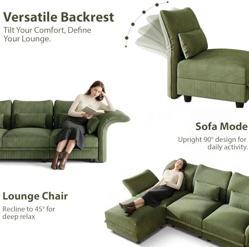 LLappuil Corduroy Modular Sectional Sofa with Storage Seat, Convertible Sectional Couches for Living Room with Adjustable Arms Backs, Plush Cushions, 8 Seater, Green