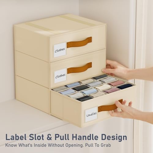 DIMJ Underwear Organizer for Closet 1 Pack, 16 Cell Sock Drawer Organizer Divider, Stackable Closet Storage Drawers, Fabric Organizer for Socks, Panties, Bra, Belt, Ties, Baby clothes, Scarf, Beige