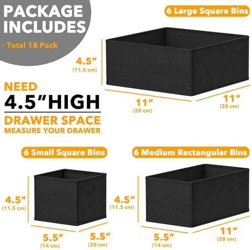 SpaceAid Drawer Organizer for Clothes, 18 Pack Dresser Drawer Organizer Bins, Closet Organizers and Storage Dividers for Clothing, Underwears, Socks (Black)