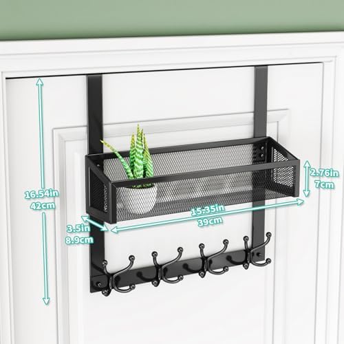 HapiRm Over The Door Hooks - Easy Installation Door Hanger with Basket and 16 Hooks, 304 Stainless Steel Storage Organizer for Towels, Coats, Bathroom, Kitchen, Dorm - Black