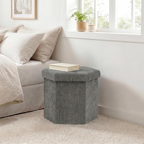PINPLUS Chenille Hexagon Storage Ottoman, Foldable Upholstered Footstool with Lid, Soft Durable Seat Stool, 220LBS Capacity for Living Room Bedroom Entryway Grey