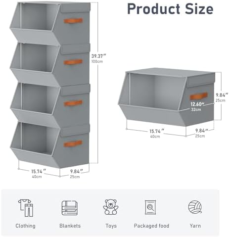 Stackable Closet Organizers and Storage Bins, Open Front Closet Shelf Organizer System With Steel Frame, Clothes Storage Basket Fabric, Collapsible Closet Drawers for Wardrobe, Nursery ,Toy, 4 Pack