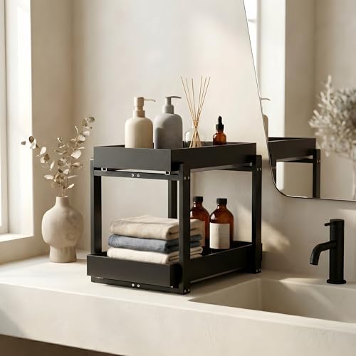 Bamboo Under Sink Storage 2 Tier Pull Out Cabinet Organizer Slide Out Under Sink Storage Shelf Undersink Organizers Shelves for Kitchen Bathroom Organization (Black, 2 Pack)