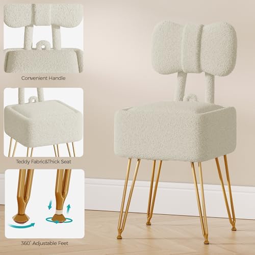 Small Vanity Stool Chair with Storage and Foldable Back, 14.2" D x 12.6" W x 28.3" H Soft Storage Ottoman, Footrest Stool, Teddy Fleece Vanity Stool for Makeup, Bedroom, Living Room, Beige