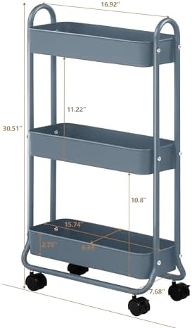 SunnyPoint Slim Rolling Storage Cart, 3 Tier Bathroom Storage Organizer Bathroom, Laundry Utility Cart (Blue)