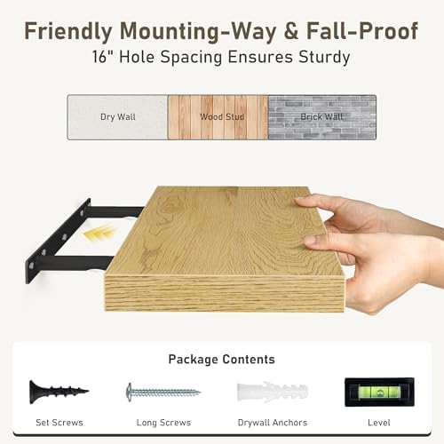 Fun Memories Floating Shelves Wall Shelf 24 inches Long, Farmhouse Bathroom Shelves Bedroom Kitchen Living Room Shelf Wall Mounted, 24 x 6.7 x 1.4 inch Set of 3, Oak Color