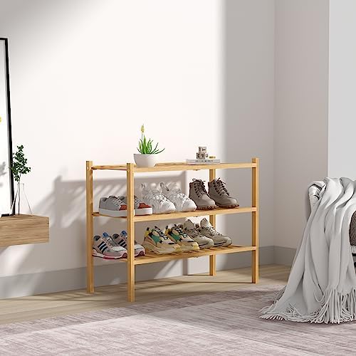 ROMGUAR CRAFT 3 Tier Bamboo Shoe Rack for Closet Free Standing Wood Shoe Shelf Storage Organizer for Entryway Small Space Stackable 27"x11"x20" (Natural) (Pack of 2)