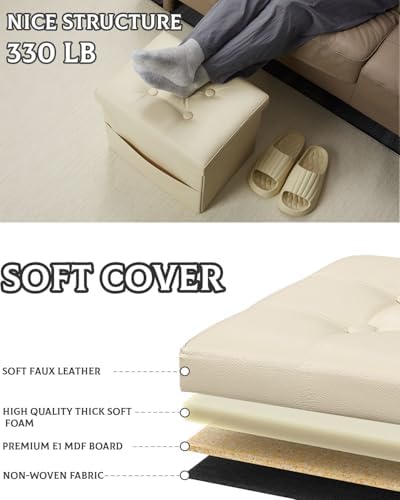 Ottoman with Storage,17 Inch Leather Folding Foot Rest Stool,Beige