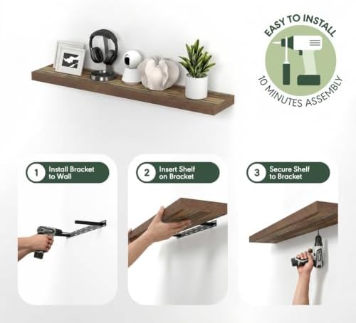 Furinno Tanna Floating Shelves for Wall Set of 2, 12 x 47 Wall Shelf, Wall Mounted Floating Shelf with Invisible Bracket, 2-Inch Thick, for Bathroom, Living Room, Bedroom, Retro Brown