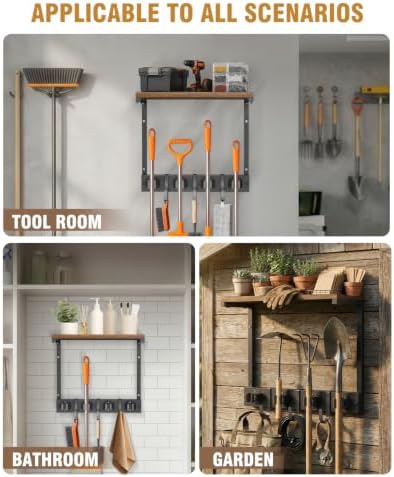 Supforce Small Broom Holder Wall Mount with Shelf, 4 Slots 3 Hooks | Black, 2-In-1 Wall Mount Stores Brooms/Mops, Cleaning Supplies With 4 Grippers/3 Hooks And A Sturdy Wooden Top Shelf