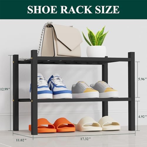 Smiry Bamboo Shoe Rack, 8 Vertical Slats, 2 Tier - 17.3" Wide, Black