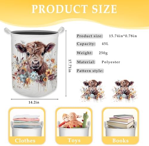Cow Laundry Basket, Farmhouse Floral Cow Waterproof Collapsible Laundry Hamper Dirty Clothes Storage Toy Bin Organizer for Bathroom Bedroom Nursery Girls Kids Room