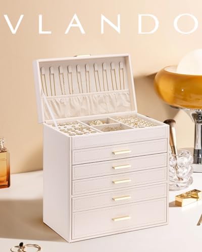VLANDO Large Jewelry Box, 6 Layer Storage Organizer, Removable Dividers