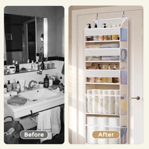 5 Tiers Over the Door Organizer with 10 Mesh Side Pockets, 44 lbs Weight Capacity Closet Hanging Storage Organizer with Large Clear Window Kids Toys, Shoes, Diapers, Beige,2 Pack
