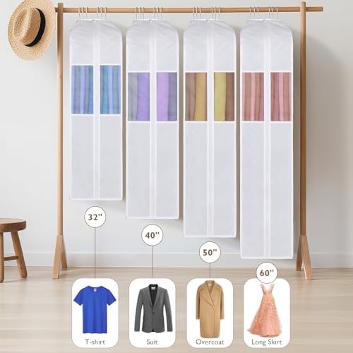 Univivi 40 Inch Cotton Garment Bags for Hanging Clothes 4 Pack, White