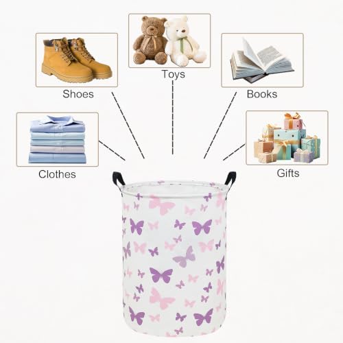 Round Fabric Collapsible Storage Basket with Handles, Purple Butterfly