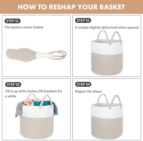 ShellKingdom Laundry Basket, Large Natural Rope Woven Storage Basket with Handles for Home, Living Room, Laundry, Storage Organizer for Blankets, Clothes, Toys, 19.7 x 14.96 INCH (2-Toned White Khaki)