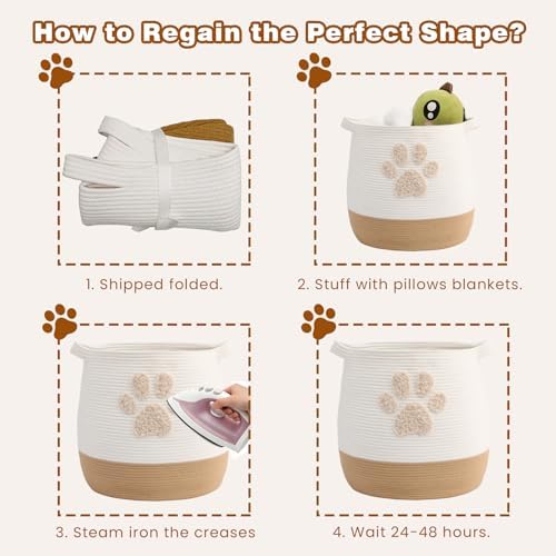 Large 17.7" Cotton Rope Pet Toy Storage Basket with Cute Paw Print - Woven Dog Toy Bin & Cat Organizer - Soft Round Hamper for Puppy Blankets, Treats, Nursery & Living Room Storage