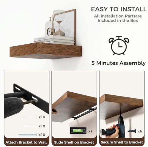 12 Inch Floating Shelves for Wall, Square Storage Shelves, Brown Finish