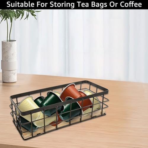 SENENQU 4 Pack Metal Wire Basket Detachable Wood Base Storage Organizer Farmhouse Bin for Kitchen Cabinets, Bathroom, Pantry, Laundry Room, Closets (Set of 4, Black)