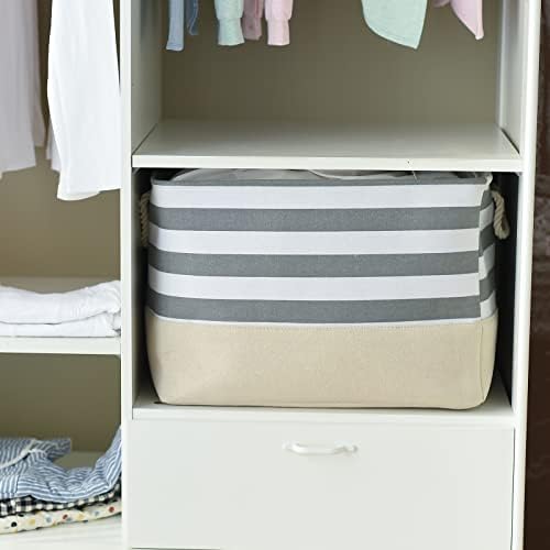 TheWarmHome Jumbo Storage Bins Baskets, Sturdy Fabric Organizing Basket W/Handles, Decorative Foldable Storage Baskets for Shelves Closet Nursery Toy (Grey&White Stripes 3 Pack, 20.5Lx15.7Wx13.8H in)