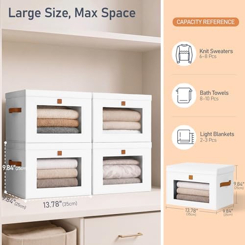 DIMJ Storage Bins with Lids - 4 Pack Large Fabric Closet Organizer with Window & Handles, Collapsible Decorative Storage Boxes for Shelves Under Bed, Books Clothes Blankets Sweaters Organization
