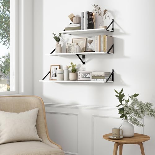 Fun Memories Deep Floating Shelves for Wall, 24W x 8D Wall Mounted Shelves Set of 2, Wide Display Ledge Shelf with Sturdy Metal Brackets for Living Room, Bathroom, Bedroom and Kitchen, White