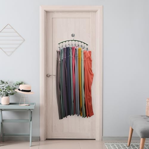 Legging Organizer for Closet, Metal Yoga Pants Hangers 1 Pack w/10 Clips Holds 10 Leggings, Space Saving Hanging w/Rubber Coated Closet Organizers and Storage, Green