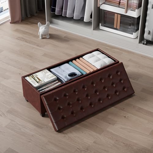 ABHENG Synthetic Leather Metal Frame Storage Ottoman Bench end of Bed Bench with Legs 43.5”W x 15.7”D x 15.7”H Hold up to 770 LB Large Storage Chest Brown UASND624R