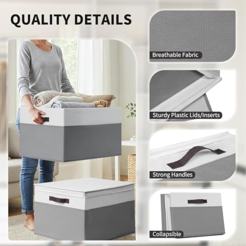 2 Pack EXTRA LARGE Blanket Storage Baskets with Lids, 22”x16”x12” Closet Organizers Bins for Clothes Towel/ Storage Box with Lid Handles/ Stackable Decorative Fabric Bins for Living Room, Nursery