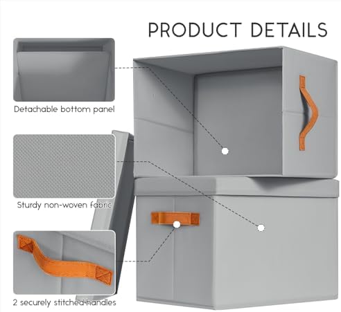 Homsorout Storage Bins with Lids - Fabric Storage Baskets for Shelves, 8 Pack Foldable Decorative Boxes with Handles, Stackable Organizer Bins for Home, Nursery, Dorm, Grey