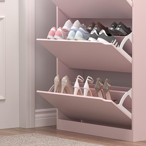 BORNOON Shoe Cabinet with 3 Flip Drawers, Hidden Wood Shoe Cabinet,Freestanding Shoe Storage Cabinet for Entryway Hallway.White. 47.2" H*31.5" W*9.45" D (Pink)