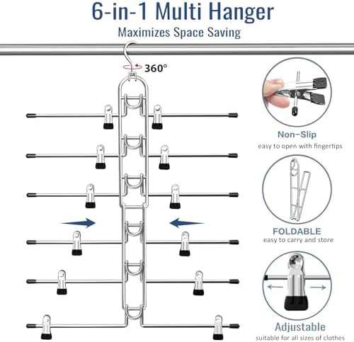 Pants & Skirt Hangers with Clips, Newly Upgraded Detachable - Space Saving Hangers, 6-Tiers Foldable Skirt Hangers for Women - Hanging Closet Organizer and Storage - 4 Pack, Patent Pending