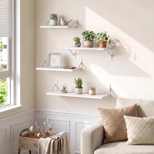 YGEOMER 4 Different Sizes Floating Shelves for Wall Home Decor, White | Rustic wood shelves in mixed sizes for flexible combined storage. Fits bathroom, kitchen, living room, bedroom and office.
